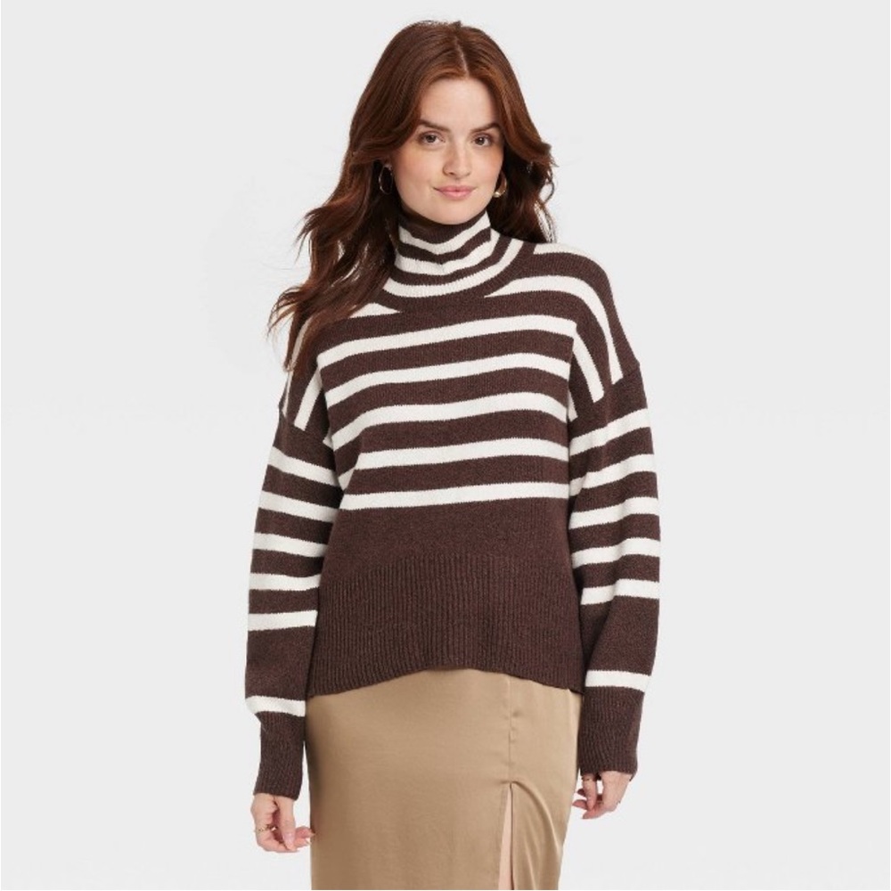 NWT! Women's Mock Turtleneck Pullover
Sweater - A New Day Brown Striped S